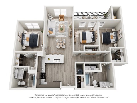 Floor plan for 3 beds, 2 baths, 1112 sqft
